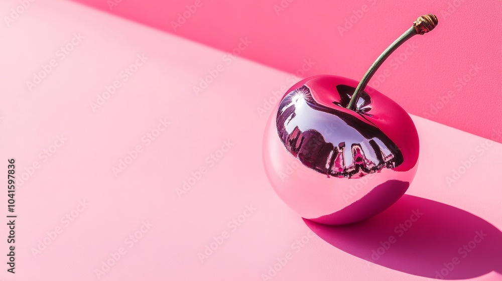 Poster shiny chrome cherry reflects on a pink surface, creating a bold, trendy image perfect for design pro