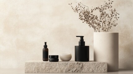 A minimalistic display of skincare products arranged on a stone surface with dried flowers in a vase, highlighting a serene and stylish aesthetic.
