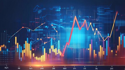 Fototapeta premium Charts and graphs with financial data and currency bars are displayed on a computer monitor. The background includes candlesticks representing market fluctuations. 