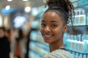 Young woman smiling in a store aisle, surrounded by skincare products.