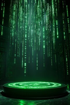 Empty neon green podium on glowing ASCII codes background. Mockup design and product presentation concept. For Cyber Monday. Cyberpunk digital illustration for poster, banner, card, template 