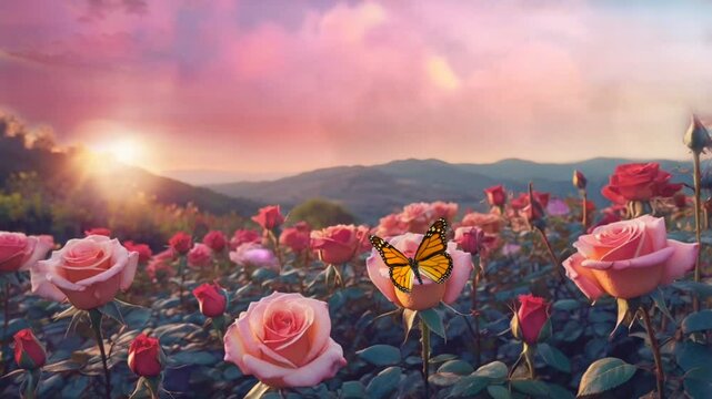 A field of pink roses at sunset with mountains in the background and a vibrant, colorful sky filled with clouds. The image captures the beauty of nature and the serene atmosphere of the scene