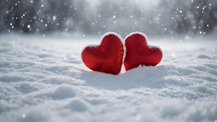 Fototapeta premium In the snow’s stillness, two red hearts shine, showcasing the warmth of true romance.