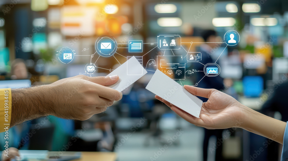 Poster hands exchanging business cards with digital icons representing communication and networking in a mo