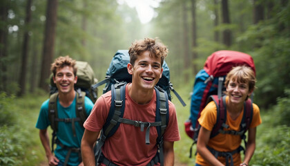 Happy backpacker and his friends hiking in forest, walking through rocky forest on a rainy day with his male friends. Outdoor mountain adventure, trekking travel, hiker sport, Hiking concept