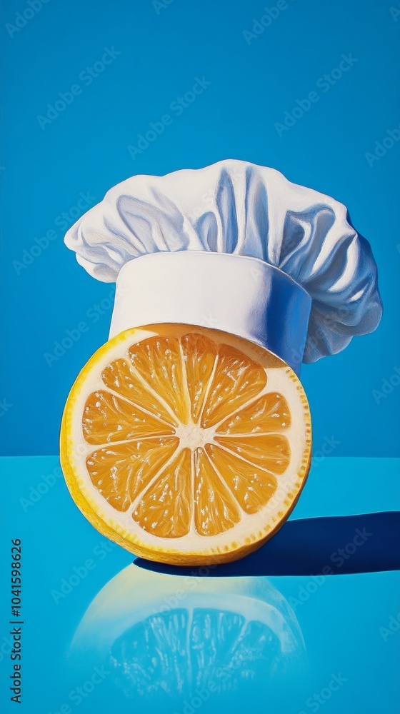 Poster lemon wearing a chef hat is standing on a blue surface, its reflection visible below. the bright col