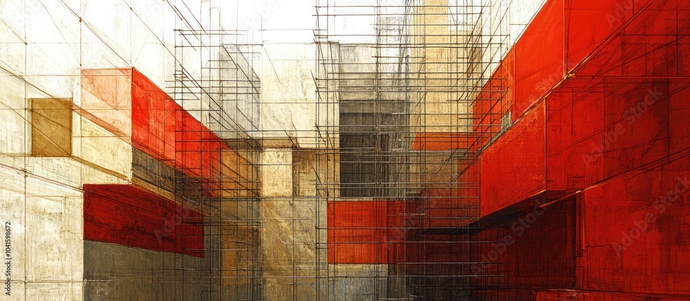 Poster abstract architecture with red and brown geometric shapes and wireframe structures.