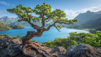Obraz premium Majestic Mountain Lake View with Twisted Tree and Blue Sky