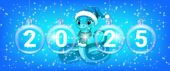 Vector festive wide bright glowing cyan banner with snake in scarf and hat of Santa. 2025. Glass hanging balls with numbers. Merry christmas and Happy new year.