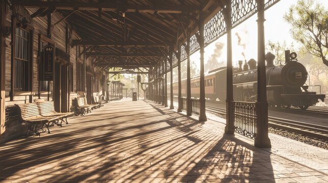 Spirit of the Old West: Vintage Train Station Scene with Steam Locomotive and Townsfolk Under Cinematic Light