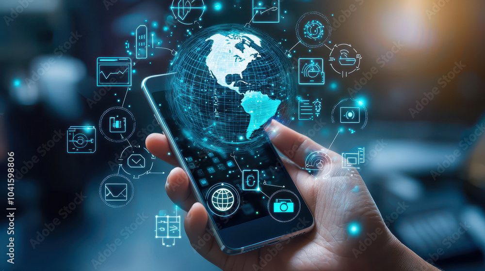 Aufkleber hand holding a smartphone displaying a globe surrounded by digital icons representing technology and