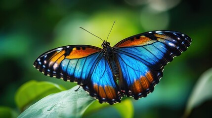 Blue Morpho Butterfly on Green Foliage