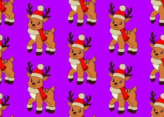 Naklejka premium Set of deer. Seamless pattern with deer. New Year's pattern with deer on a purple background. Christmas mood.