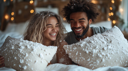Interracial couple having a pillow fight in the morning laughing hard
