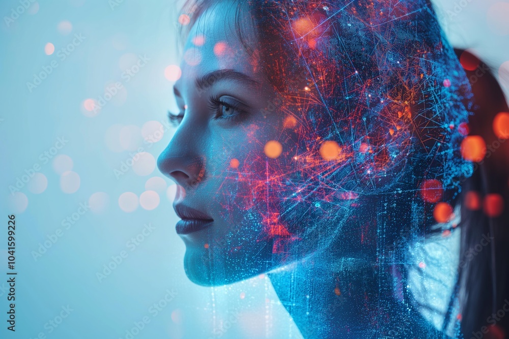 Poster futuristic digital art of a woman's profile with neural network and data visualization in blue and r
