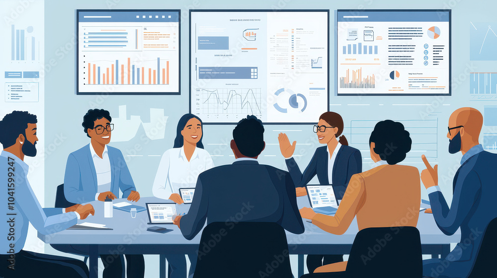 Poster diverse business team engaged in a meeting, discussing analytical data and strategies with digital d