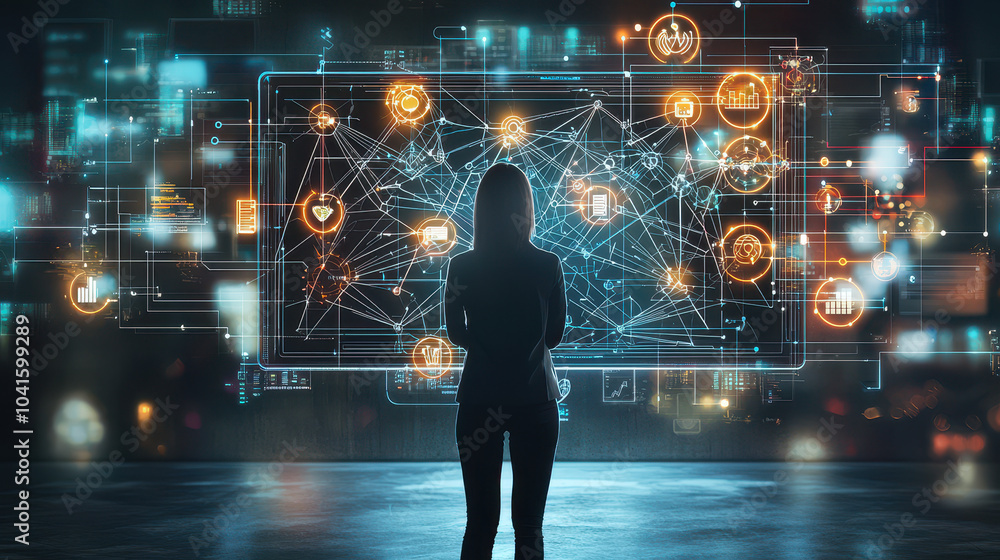 Poster person observing digital data visualization on a large screen, representing data analysis and techno