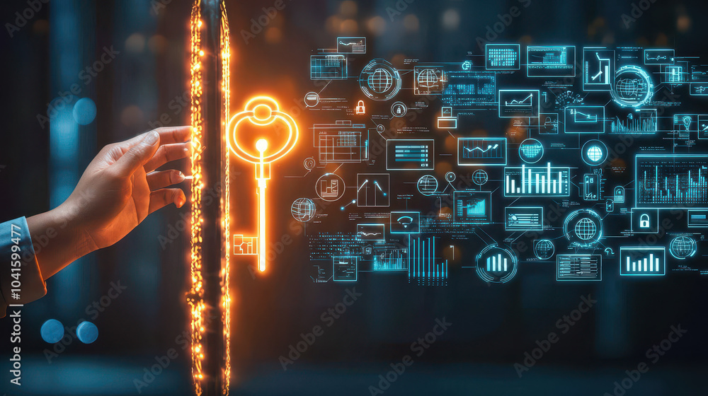 Poster hand reaching towards a glowing key symbol amidst digital screens displaying data and analytics in a