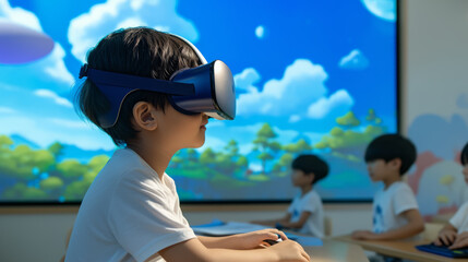 Children in a classroom with virtual reality glasses interact with virtual lessons
