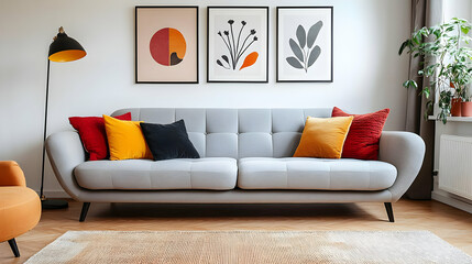 Living Room Decor with Grey Sofa and Colorful Pillows