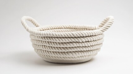 Fototapeta premium Coiled decorative basket crafted from white cotton rope. Features handles and stands out on a plain white background. 