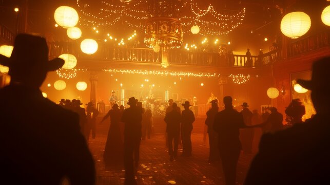 Wild West Saloon Celebration: Energetic Dance Hall Soiree with Live Band and Lantern Illumination, Vintage Western Theme Party with Cinematic Light and Traditional Attire