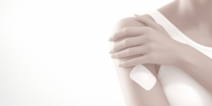 Woman applying birth control patch on shoulder against blank background.