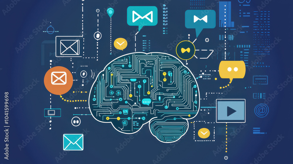 Poster digital brain concept illustrating artificial intelligence, communication, and data exchange through