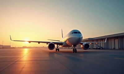 Airplane at sunset - back lit. Airplane being charged and receiving cargo at the airport
