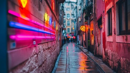 Fototapeta premium Neon Signs Illuminate Narrow Cobblestone Alleyway in European City