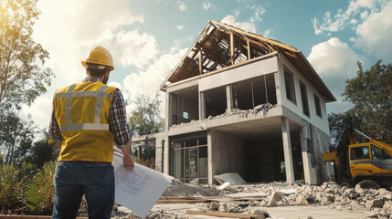 Engineer inspecting structural damage on a house after an earthquake.