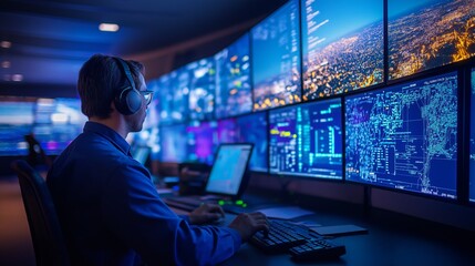 Tech Professional Analyzing Data on Multiple Monitors in High-Tech Control Room.