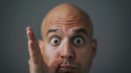 A bald man with wide eyes makes a funny face, pressing his cheek with his hand, creating a humorous and playful expression in a close-up shot.