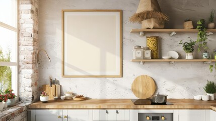 Blank frame mockup in a modern kitchen with rustic decor