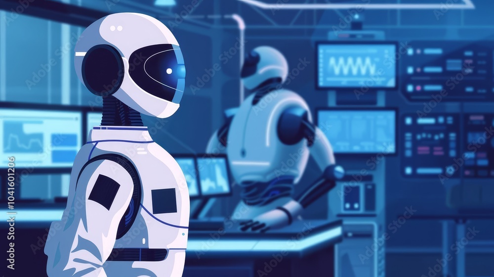 Poster two robots in a futuristic laboratory setting, one facing the camera, the other working at a control