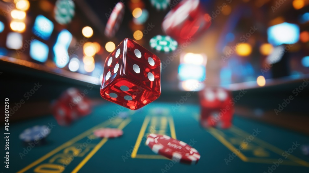 Poster red dice soar above a craps table, surrounded by colorful chips, capturing the thrill of gambling in