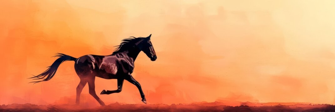 Black horse running through a sunset landscape.