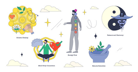 Integrative medicine emphasizes holistic healing, energy flow, and mind-body connection, transparent background. Key objects, chakras, meditation, yin-yang. Neubrutalism style collection