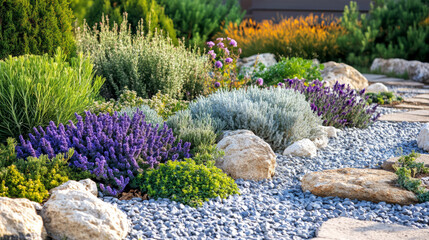 A xeriscaped yard with water-efficient plants, gravel, and rock features, creating a beautiful, sustainable garden in a dry climate