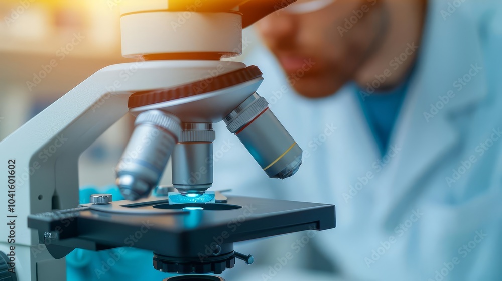 Poster close-up of a scientist using a microscope in a laboratory.