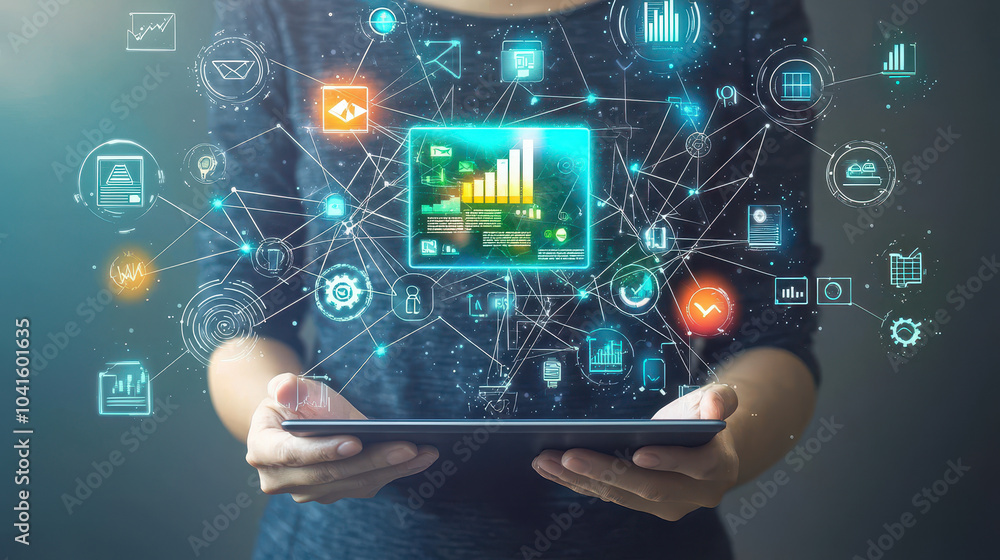 Poster person holding a tablet with digital graphs and networking icons illustrating data visualization and
