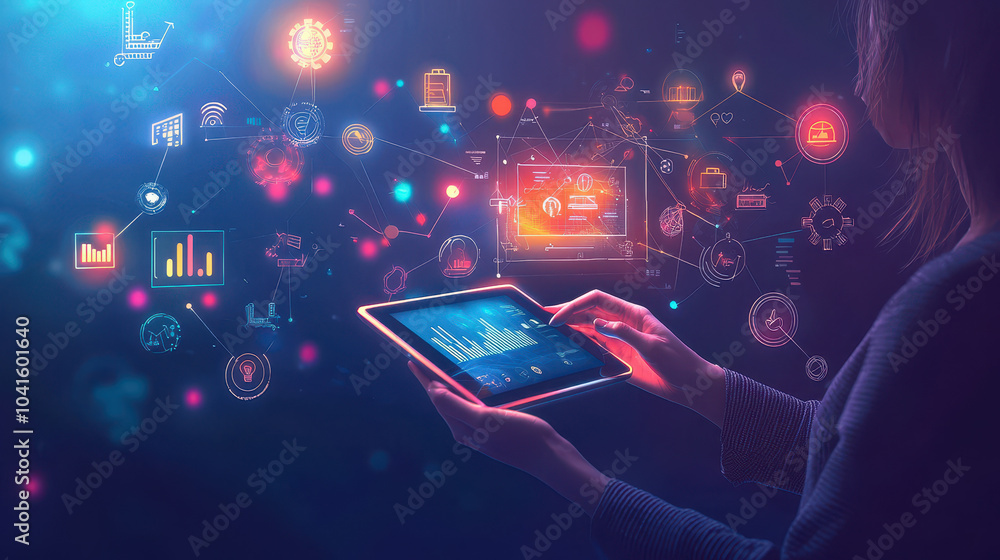 Poster woman using a tablet surrounded by digital data and analysis graphics in a futuristic setting with c