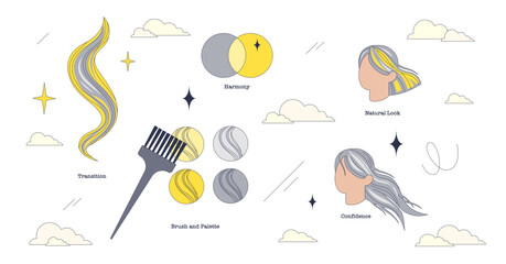 Illustration of gray hair blending with vibrant colors, featuring a brush, color palettes, and abstract hair designs, transparent background. Neubrutalism style collection.