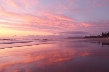 Obraz premium A pastel pink sunset on the beach reflecting off the sand