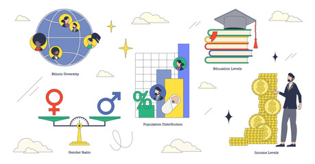 Demographic profile illustration showing ethnic diversity, gender ratio, population distribution, education levels, and income levels, transparent background. Neubrutalism style collection