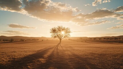 Obraz premium Lone Tree at Sunset in Wild West - Tranquil Landscape with Dramatic Light and Shadows
