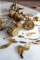 Close up of dahlia seed heads on a marble board
