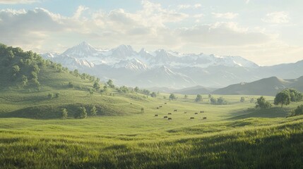 Obraz premium Majestic Wild West Valley: Ranches, Cattle, Snow-Capped Peaks. Ultra-Detailed, Cinematic Light