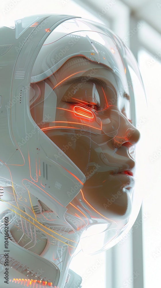 Aufkleber futuristic humanoid robot with illuminated circuits and helmet, showcasing advanced technology and a
