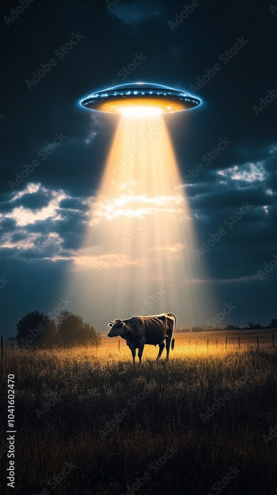Poster mysterious unidentified flying object is hovering over a lone cow in a field, casting a bright light